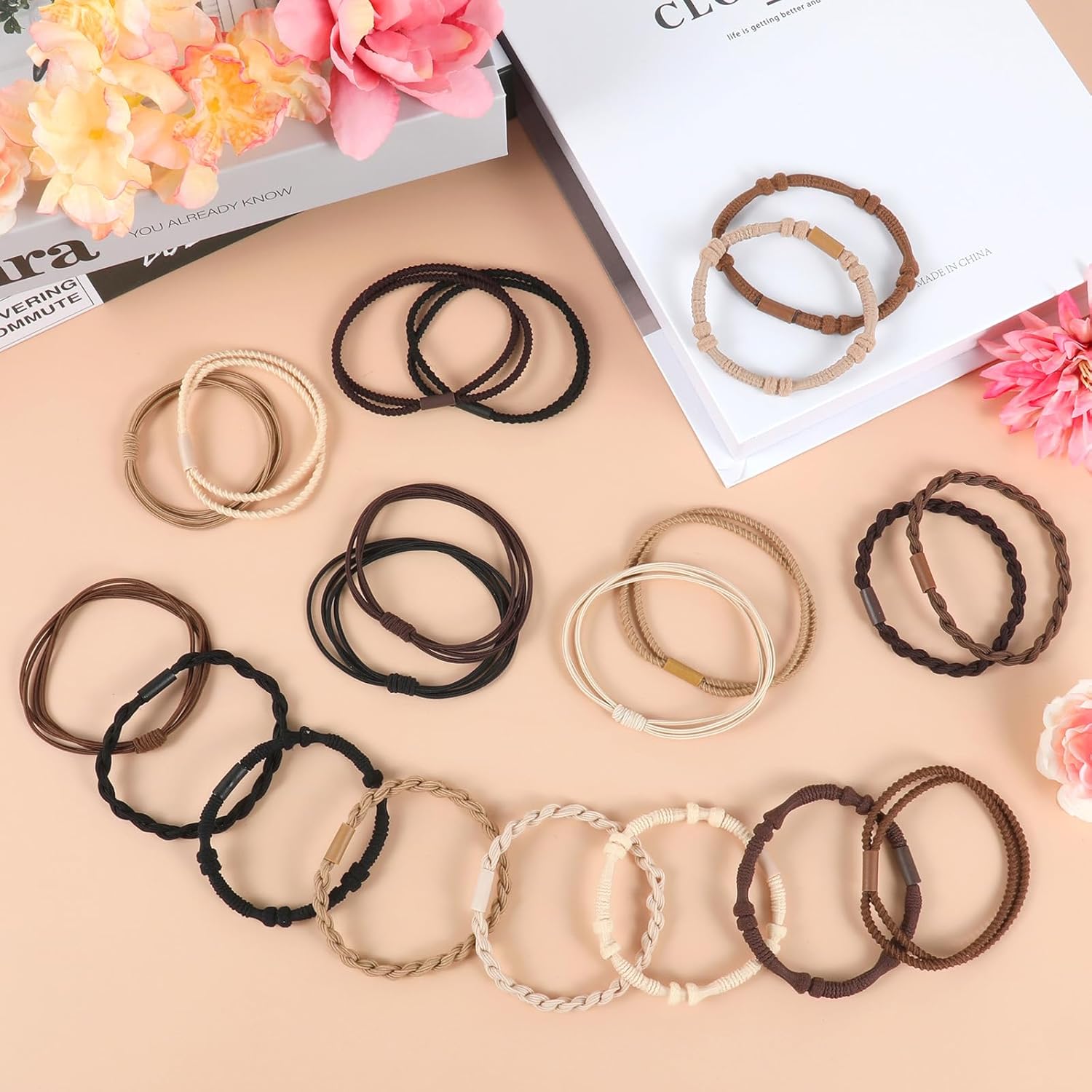Boho Hair Ties, 20 PCS of 4 Styles Cute Bands for Thick or Thin Hair, No Damage Elastic Bracelets, Brown Hair Accessories for Girls and Women - Image 3